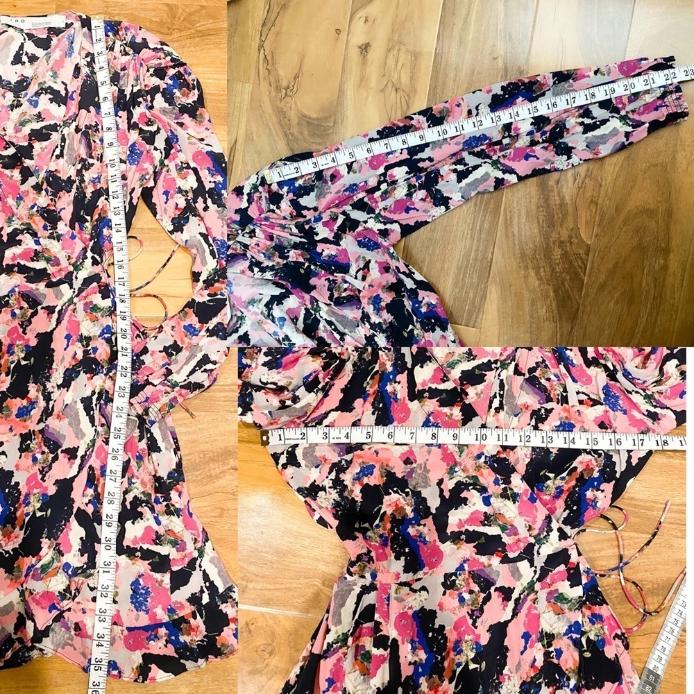 $435‼️IRO Bloomy Printed Pleated Long Sleeve Wrap Ruffle Mini Dress Watercolor 8 - Picture 12 of 13